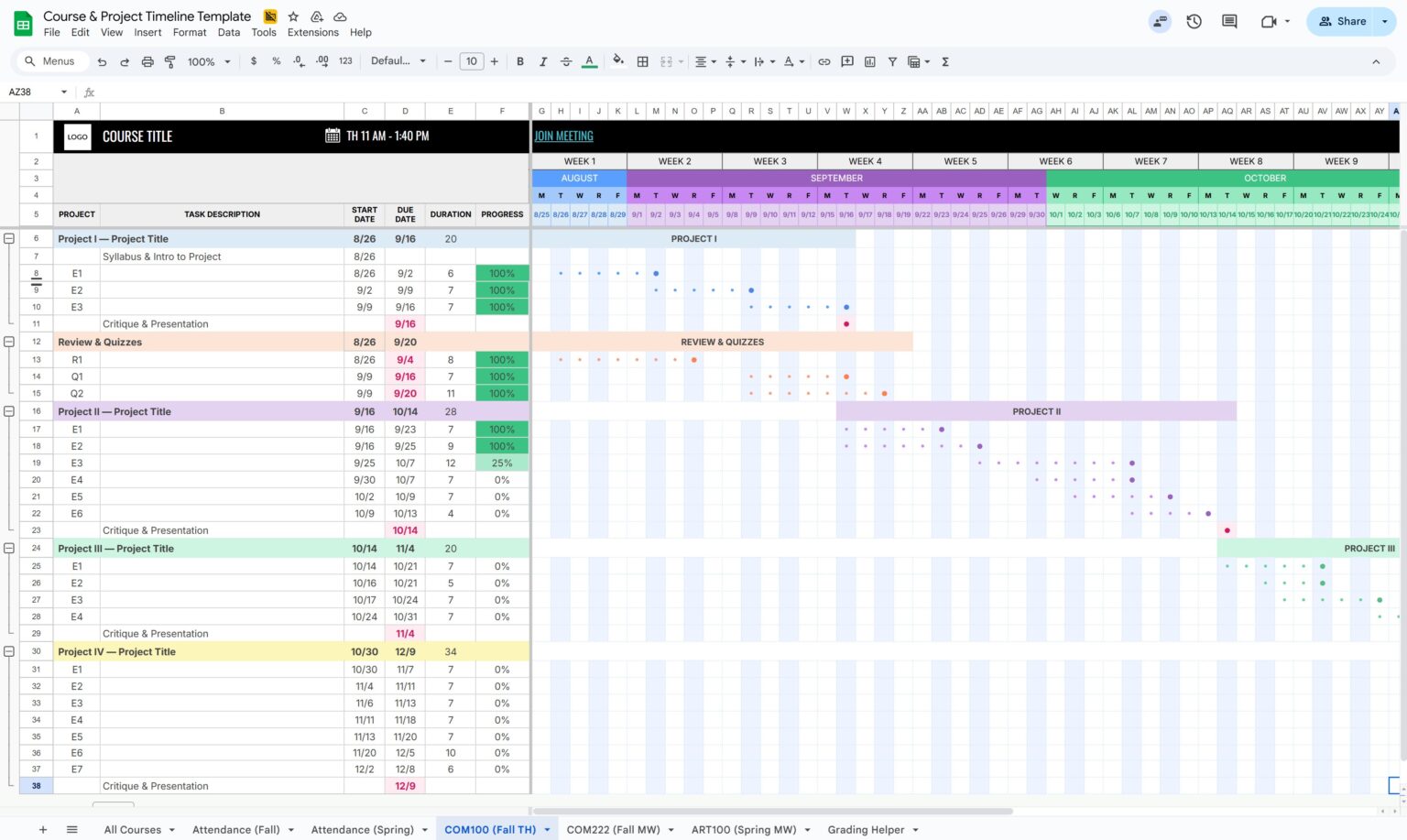 Education Courses & Projects Timeline Planner Template for Google ...