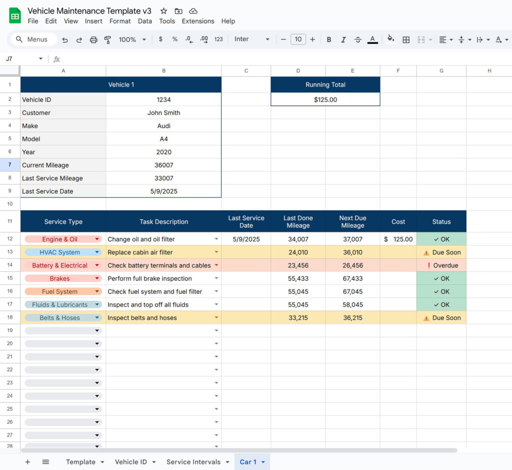 Vehicle Maintenance, Mileage, & Inspection Service Schedule Template with Conditional Formatting for Google Sheets - Image 2