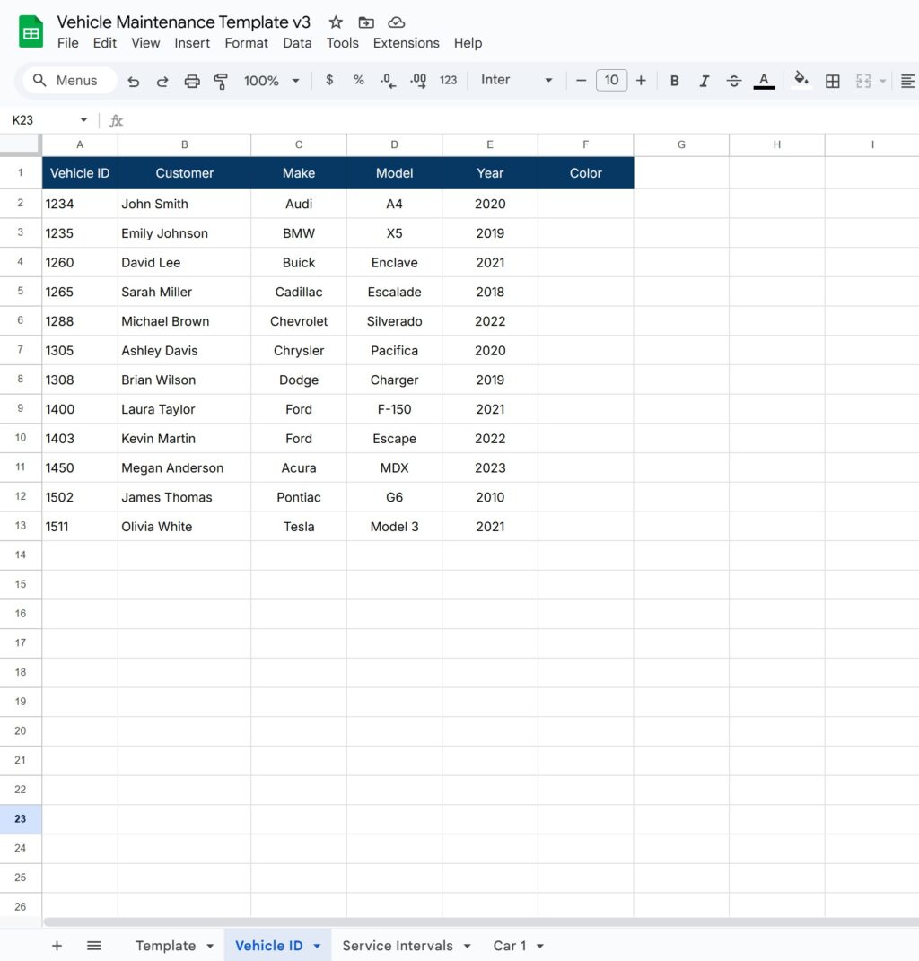 Vehicle Maintenance, Mileage, & Inspection Service Schedule Template with Conditional Formatting for Google Sheets - Image 4